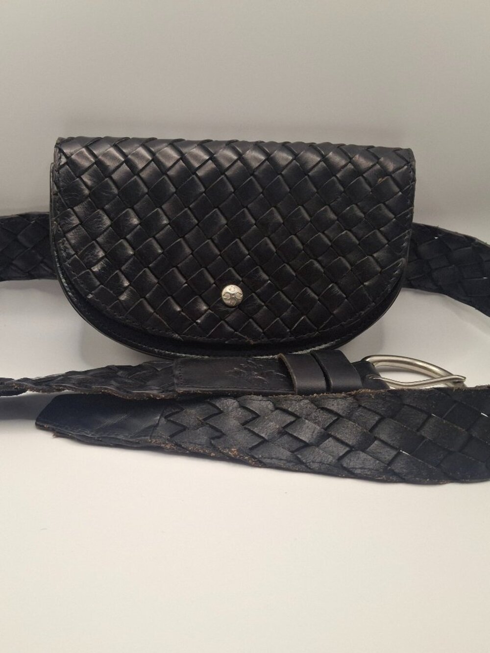 PATRICIA NASH BLACK PONTICCELI WOVEN TAN LEATHER FANNY PACK SIZE LARGE BELT BAG